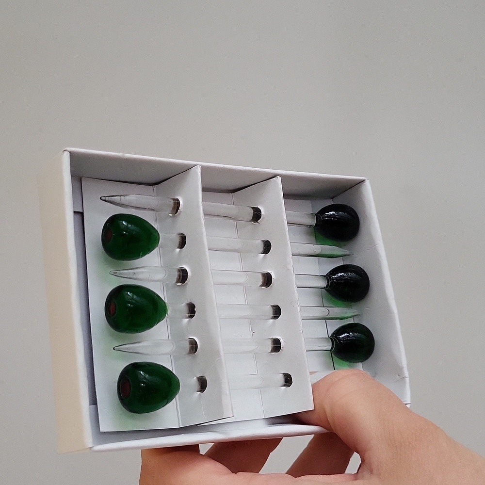 6 Vintage Glass Olive Appetizer Picks, Bar Ware, 4" Green Olive Drink Sticks